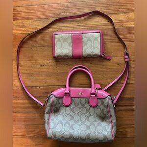 Coach Signature Pink and Tan Satchel with Double Handles & Matching Wallet.